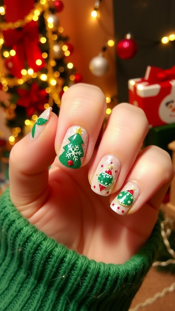 Christmas themed nail art with snowflakes, trees, and ornaments in red and green colors.